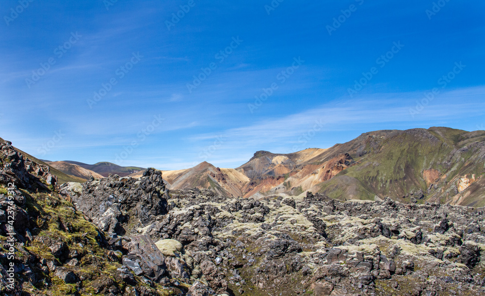 Cold lava stream landscape in Landmannalaugar, Fjallabak Nature Reserve, Iceland, Europe