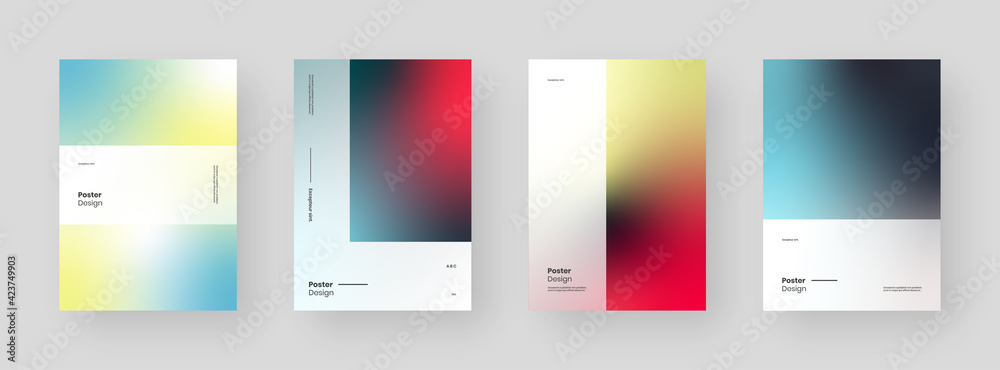 Fototapeta premium Abstract set Placards, Posters, Flyers, Banner Designs. Colorful gradients on vertical A4 format. Glass effect. Decorative neumorphism backdrop.