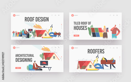 Characters Projecting Roof Design for Cottage House Landing Page Template Set. Designer Work on Pc Engineering Roof