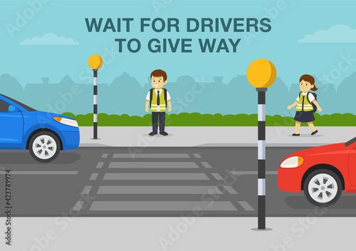 School kid is waiting at zebra crossing with belisha beacons. Wait for drivers to give way. Pedestrian safety rule. Flat vector illustration template.