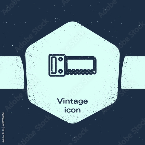 Grunge line Hand saw icon isolated on blue background. Monochrome vintage drawing. Vector