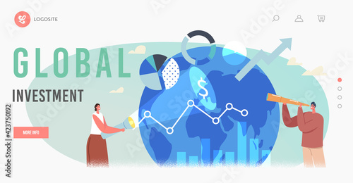 Global Investment Opportunity Landing Page Template. Characters Businessman with Glass and Businesswoman with Flashlight