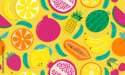 Hand drawn cute seamless pattern  fruits, Orange, Banana, Pomegranate, Cherry, Strawberry, Pineapple, Watermelon, Lemon and leaf on yellow  background. 