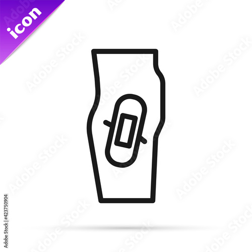 Black line Plaster on leg icon isolated on white background. Vector