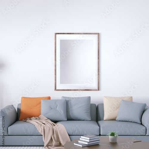 Foto Scandinavian Room with Decorations, Indoor Plants, Cozy Sofa and White Plank Flo