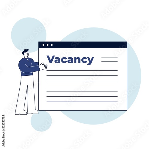 Man pushing a web page with a vacancy. HR specialist announces an open position. Concept of job search.  Flat style vector design illustration.