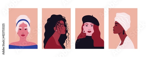 Fashion woman portrait posters. Abstract diverse female faces, women avatar contemporary style. Vector flat illustration