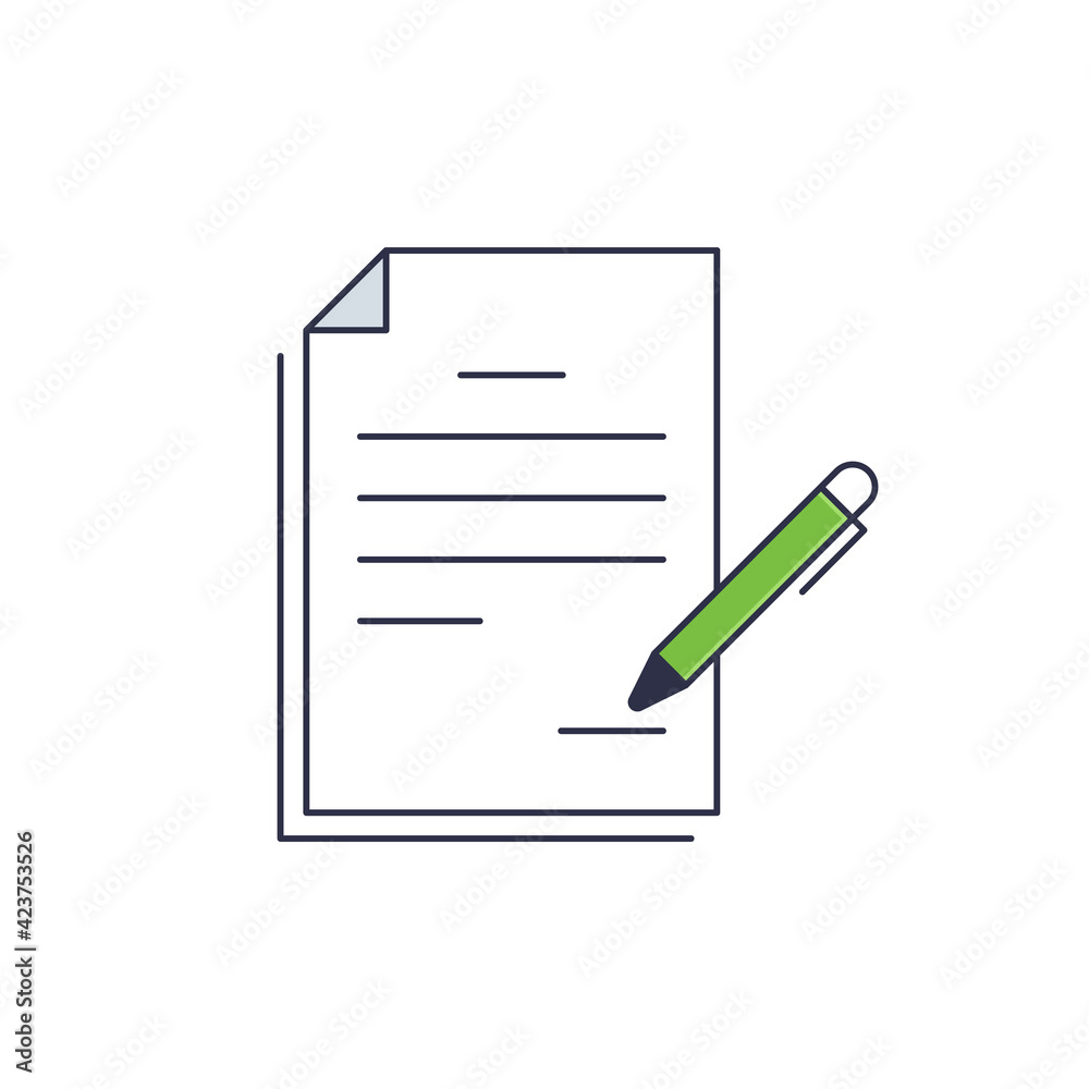 Documents for signature with pen icon. Business money and finance vector icons. Stroke and fill. White background. Part of set Documents for signature with pen icon. Business money and finance vector icons. Stroke and fill. White background. Part of set