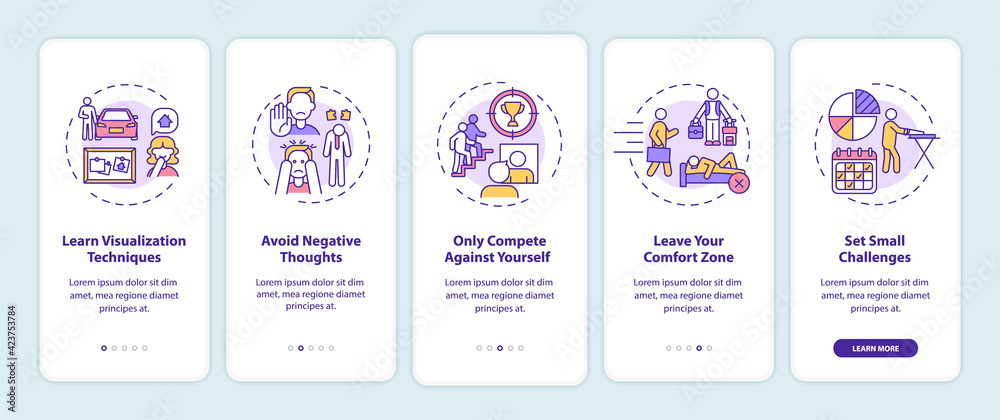 Self-improvement tools onboarding mobile app page screen with concepts. Personal challenge walkthrough 5 steps graphic instructions. UI, UX, GUI vector template with linear color illustrations Self-improvement tools onboarding mobile app page screen with concepts. Personal challenge walkthrough 5 steps graphic instructions. UI, UX, GUI vector template with linear color illustrations