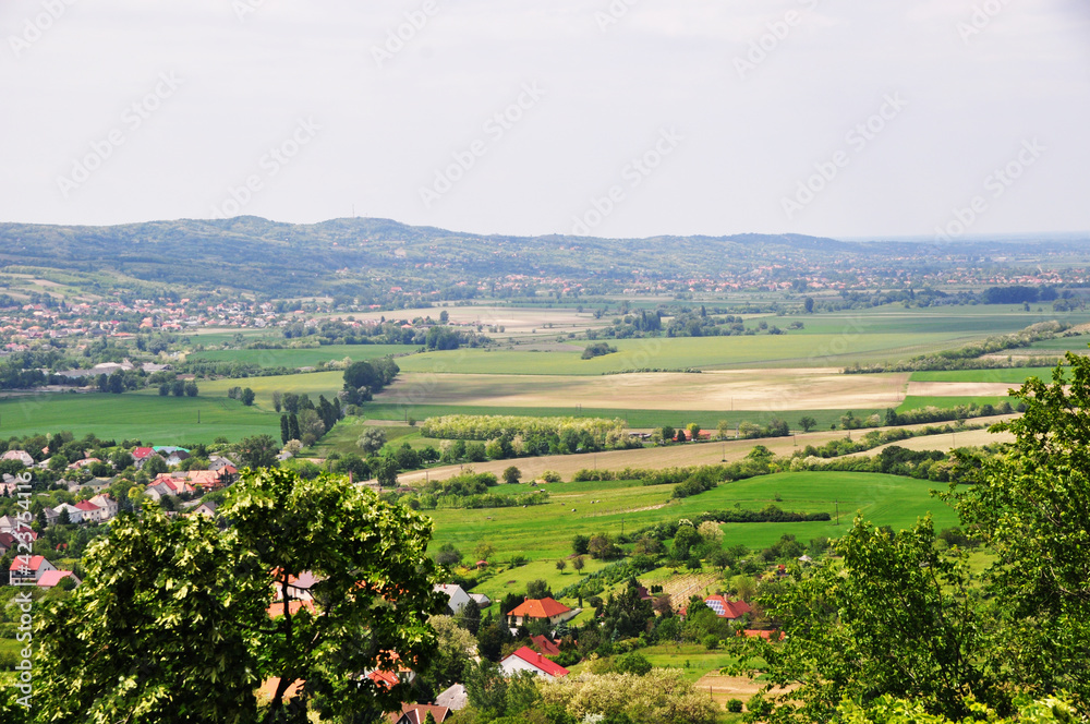 Valley view with fields, villages and mountains in the background.
