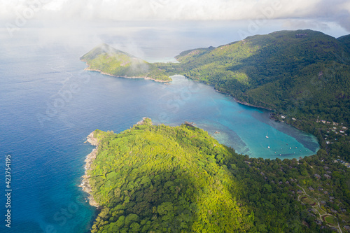 Seychelles islands coastline aerial view 