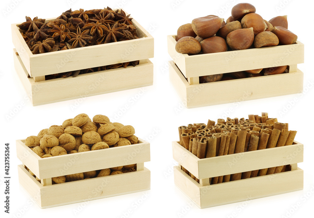 Assorted condiments in a small wooden box on a white background Assorted condiments in a small wooden box on a white background