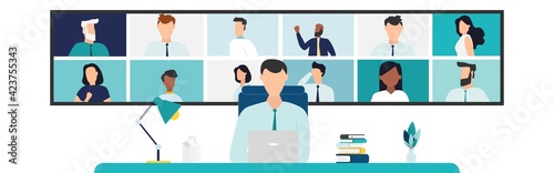 Online Virtual Meetings. Work from Home WFH During Coronavirus COVID-19 Pandemic Outbreak. Teleconference TV. Video Conference Webinars or Remote Working. Vector.
