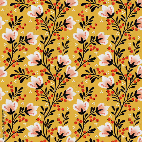 Hand-drawn abstract flower pattern with twigs and berries on yellow background