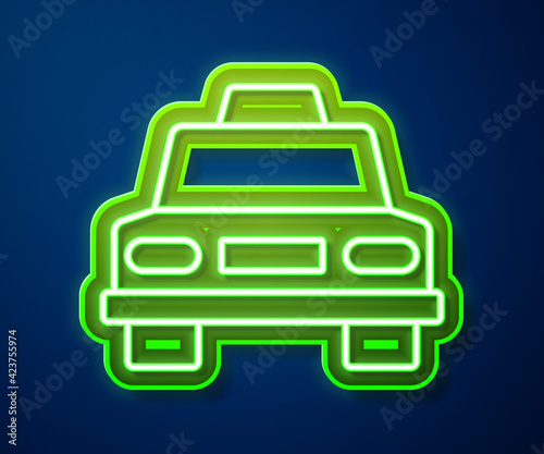 Glowing neon line Taxi car icon isolated on blue background. Vector