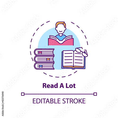 Read a lot concept icon. Learning new knowledge. Studying with books. Self development and personal improvement idea thin line illustration. Vector isolated outline RGB color drawing. Editable stroke
