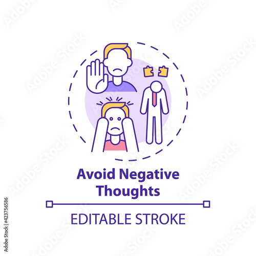 Avoid negative thought concept icon. Positive mental attitude. Psychological approach to life. Self development idea thin line illustration. Vector isolated outline RGB color drawing. Editable stroke