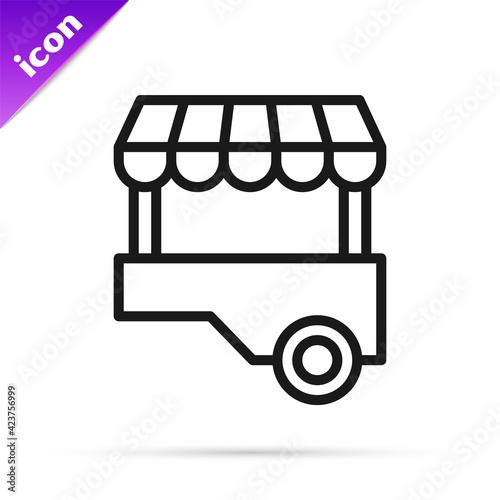 Black line Fast street food cart with awning icon isolated on white background. Urban kiosk. Vector