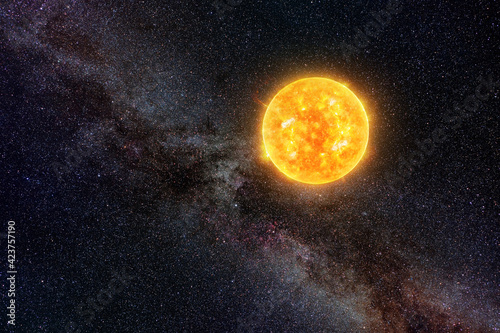 Bright Sun against dark starry sky and Milky Way in Solar System, elements of this image furnished by NASA