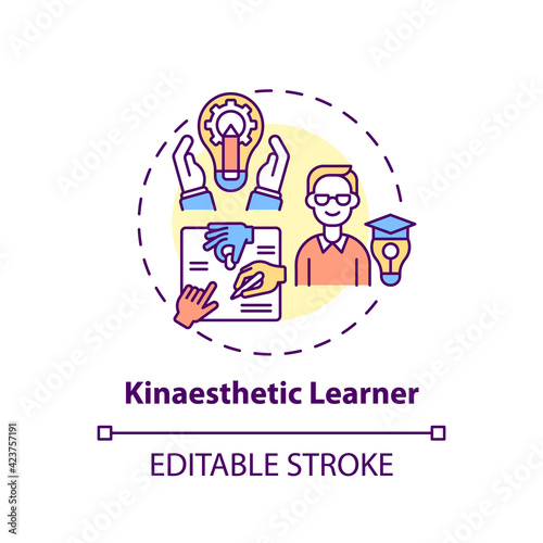 Kinaesthetic learner concept icon. Tactile learning. Self development and improvement in studying idea thin line illustration. Vector isolated outline RGB color drawing. Editable stroke