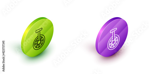 Isometric line Unicycle or one wheel bicycle icon isolated on white background. Monowheel bicycle. Green and purple circle buttons. Vector