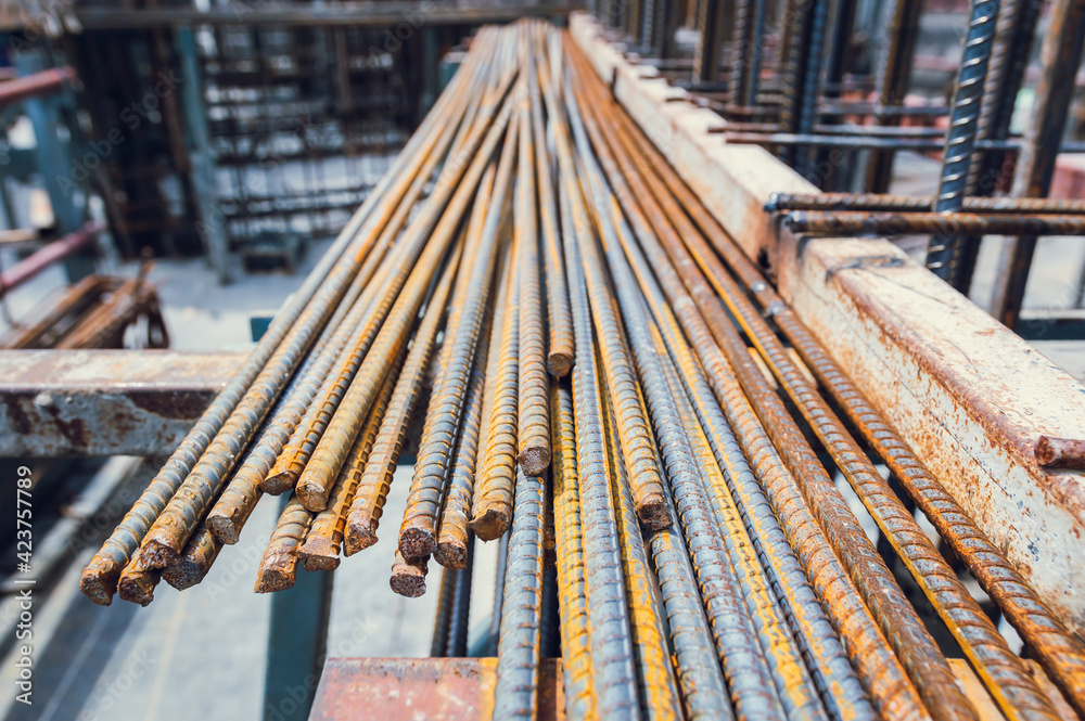 Construction steel rods or bars work reinforcement in conncrete