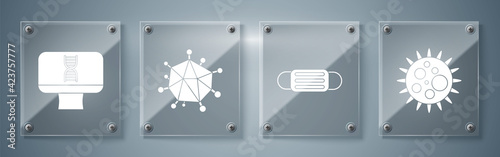 Set Virus, Medical protective mask, Virus and DNA spiral and computer. Square glass panels. Vector