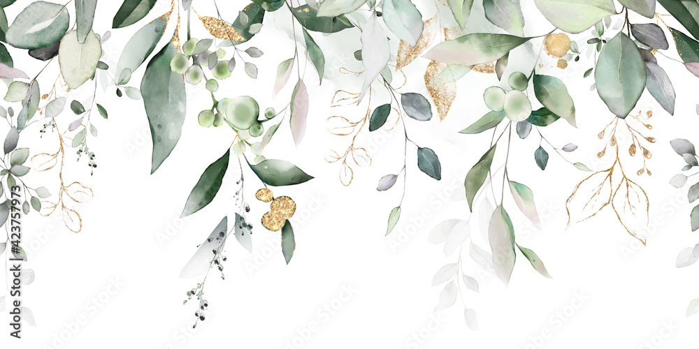 Fototapeta watercolor botanic, Leaf and buds. Seamless herbal composition for wedding or greeting card. Spring Border with leaves eucalyptus