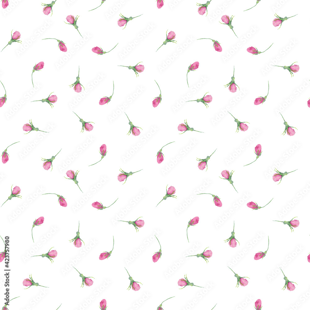 Seamless pattern of small pink flower buds on white background. Watercolor hand drawing illustration. Apple or cherry tree flowers. Mille fleure. Seamless pattern of small pink flower buds on white background. Watercolor hand drawing illustration. Apple or cherry tree flowers. Mille fleure.