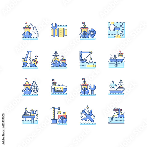 Marine industry RGB color icons set. Arctic exploration. Underwater pipeline repair. Maritime security. Offshore oil drilling. Industrial fishing. Naval fleet. Isolated vector illustrations