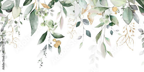 watercolor botanic, Leaf and buds. Seamless herbal composition for wedding or greeting card. Spring Border with leaves eucalyptus photo