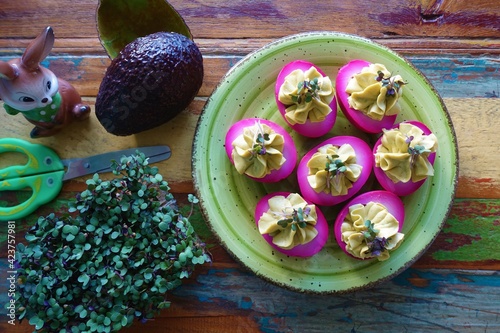 easter still life, purple pickled eggs photo