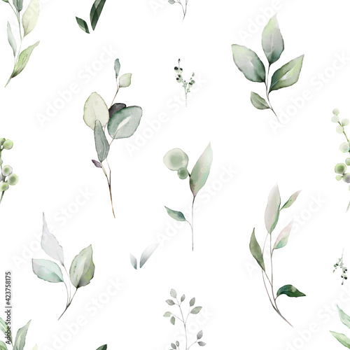 Seamless pattern with spring leaves, herbs, eucalyptus . Hand drawn background. green pattern for wallpaper or fabric. Botanic Tile.