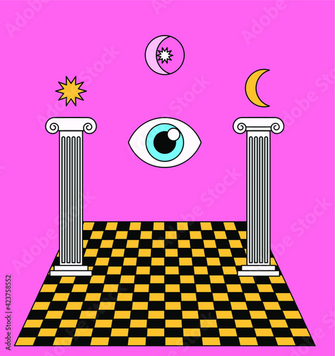 Surreal Masonic-like landscape with the eye of providence and ancient columns. Trendy occult psychedelic style illustration.