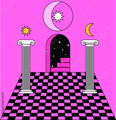 Surrealistic landscape with Roman columns and checkered floor