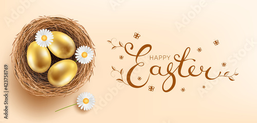 Easter gold eggs in bird's nest on light background, vector poster or banner, easter day greeting card, lettering happy easter, elements for design.