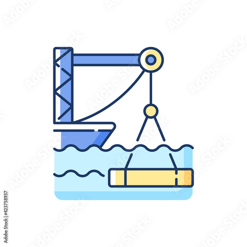Underwater construction RGB color icon. Marine construction industry. Placing concrete under water. Underwater habitats. Installing watertight walls. Building operation. Isolated vector illustration