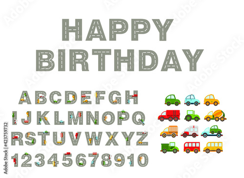 Track road alphabet, numbers. Kids learning material. alphabet and numbers with colored cars