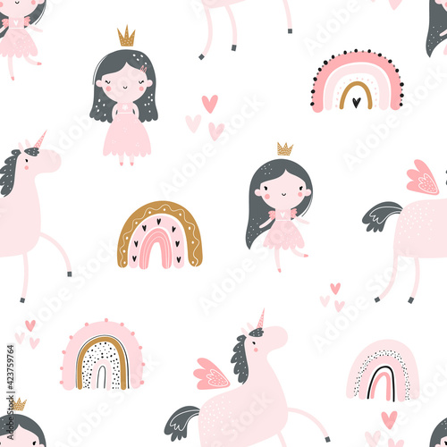 Fototapeta Vector hand-drawn colored childrens seamless repeating pattern with cute girls princesses in a dress with a crown, unicorns and rainbows on a white background. Creative kids trendy cute texture.