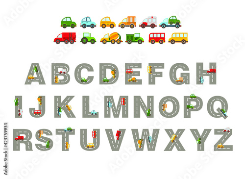 Track road alphabet. Kids learning material. alphabet with colored cars