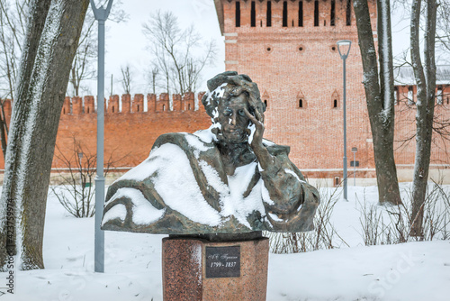 A bust of the poet Pushkin near the Kopyten tower in Smolensk. Caption: A.S. Pushkin photo