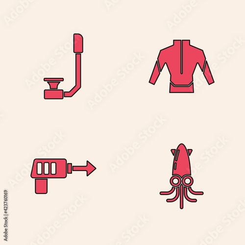 Set Octopus, Snorkel, Wetsuit and Fishing harpoon icon. Vector