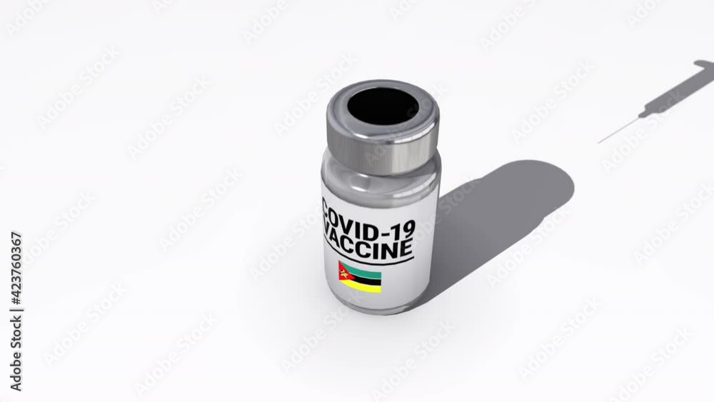Seamless looping 3D animation of the covid-19 vaccine injection of a bottle with the flag of Mozambique in 4K resolution 