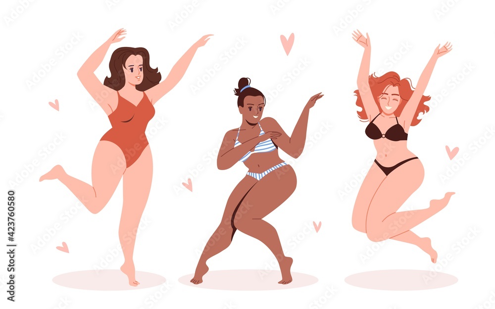 Bodypositive flat illustrations set. Happy girls love themselves and pose in swimsuits. Natural beauty concept.