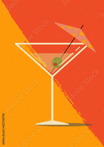 A glass of martini with an olive in a retro style. Vector illustration.