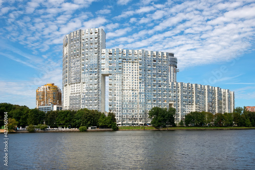 View of residential buildings in the city of Khimki on the bank of the Moscow Canal