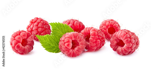 Raspberries with leaves   Isolated on White Background. Ripe berries isolated.