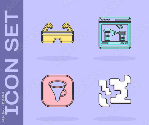 Set Gaseous, Safety goggle glasses, Funnel or filter and Chemical online icon. Vector