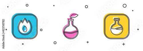 Set Fire flame, Plant breeding and Test tube and flask icon. Vector