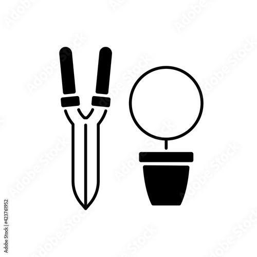 Pruning shears black linear icon. Plant manipulation. Clippers, secateurs. Removing deadheading plants. Horticulture. Trimming scissors. Outline symbol on white space. Vector isolated illustration